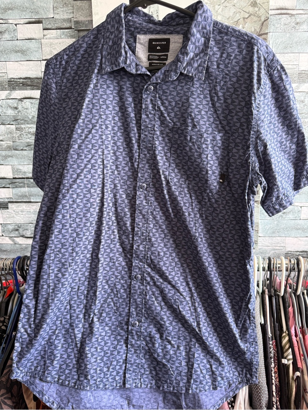 Quiksilver Men's Navy Geometric Short Sleeve Button-Down Shirt